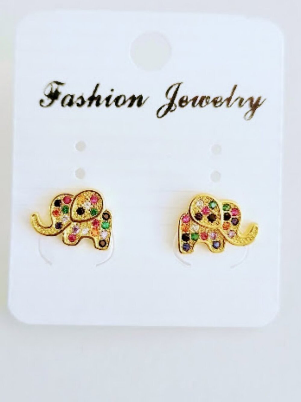 18K Gold Plated Elephant Stud Earrings - Multicolor Cubic Zirconia - 11mm x 9mm